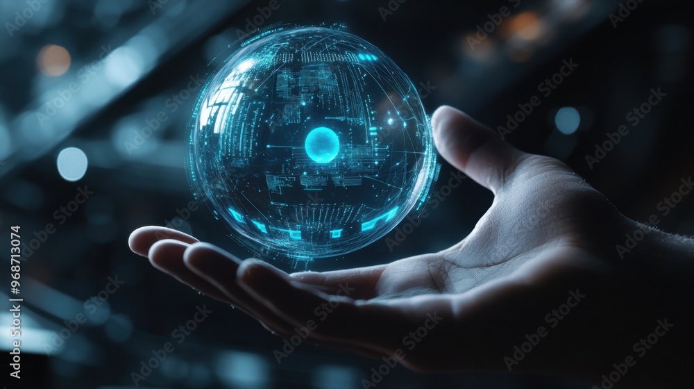 Poster ai digital sphere floating in a hand, surrounded by a futuristic transparent interface with blue and
