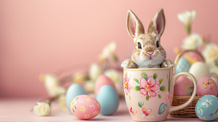 A coffee mug featuring a hand-painted bunny holding a basket of colorful Easter eggs, isolated on a light pink background.