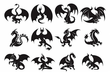 Dragons icon silhouette, dino, wyvern symbols, dinosaurs isolated, mythical monster, minimal flat tattoo