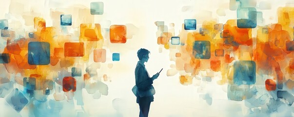 watercolor depiction of AI-powered communication tools and mobile devices in a business setting, engaging and versatile copyspace