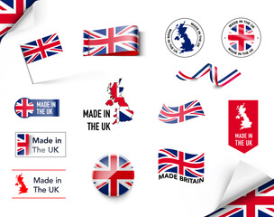 Set of flags, ribbons, signs with the UK flag. Vector illustration isolated on white background. Ready to use for your design, presentation, promo, ad. EPS10.
