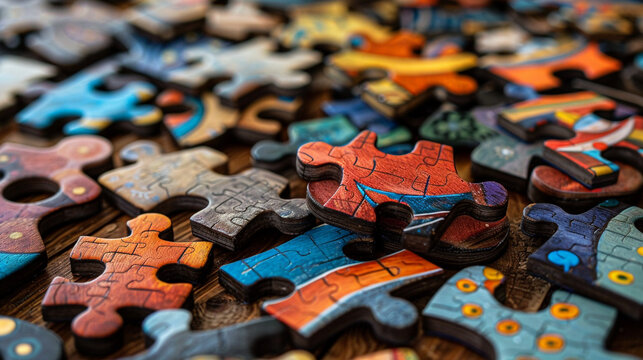 A detailed image of a DIY wooden puzzle, with each piece uniquely painted and shaped to form a colorful animal figure. The puzzle pieces are scattered across a smooth wooden surface.