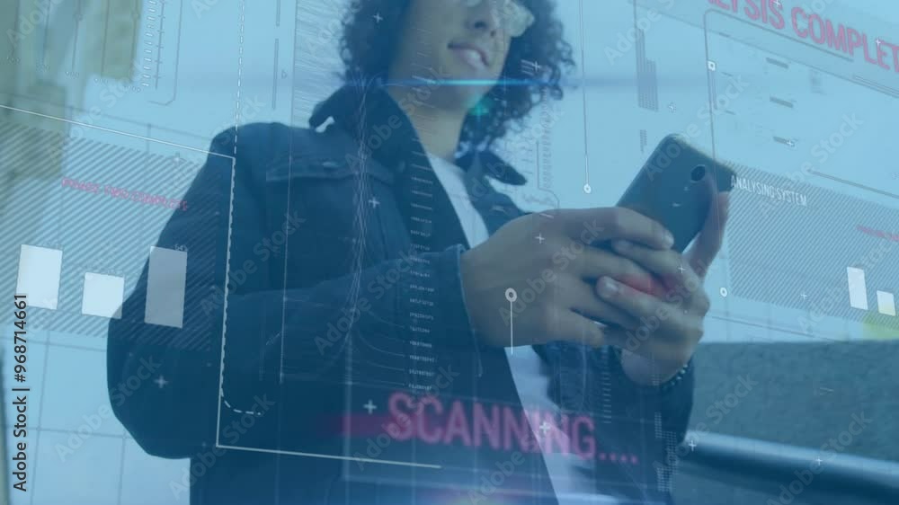 Poster animation of data processing over biracail man using smartphone