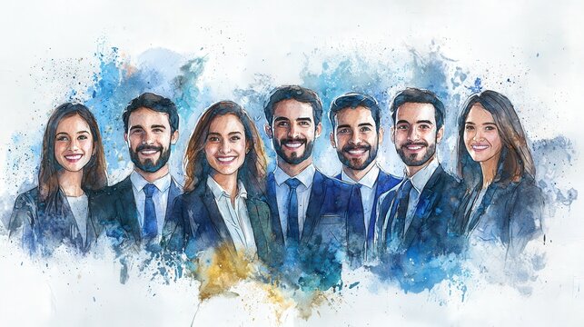 watercolor depiction of a triumphant corporate team, smiling faces, personal branding integration, spacious and clean copyspace