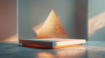 A DIY podium with a modern, geometric design, featuring a triangular base made from painted plywood. 