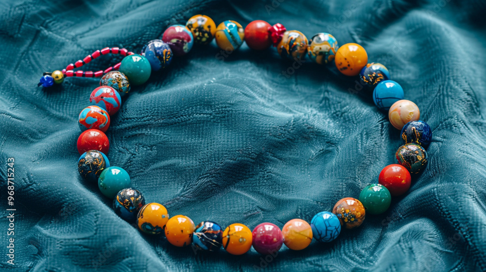 Poster a flat lay of a completed beaded bracelet, with colorful beads and elastic string neatly arranged ar