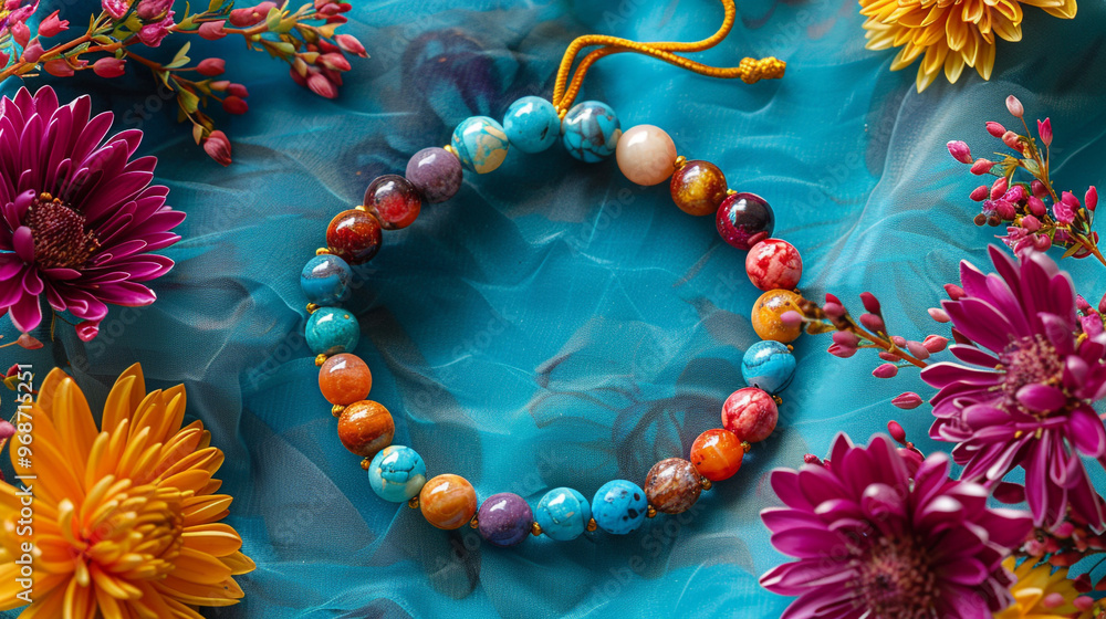 Poster a flat lay of a completed beaded bracelet, with colorful beads and elastic string neatly arranged ar