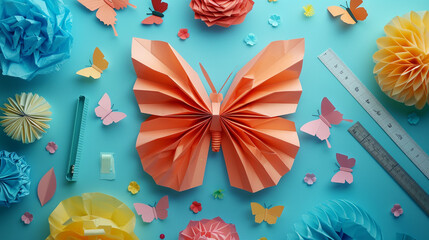 Fototapeta premium A flat lay of a completed 3D tissue paper butterfly, with intricately folded wings creating a lifelike effect, 