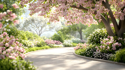 A winding garden path lined with pink blossoms symbolize