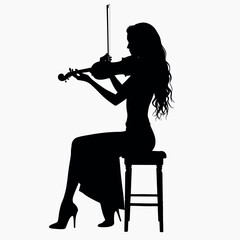 Fototapeta premium a black silhouette of a woman playing the violin. She is sitting on a stool and is holding the bow with both hands