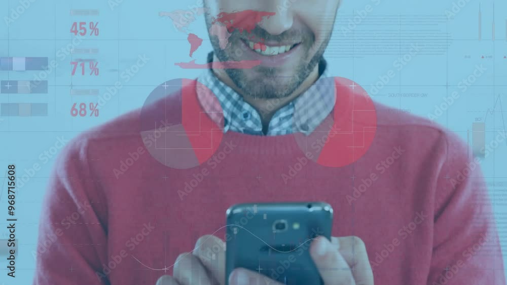 Poster animation of data processing over caucasian man using smartphone