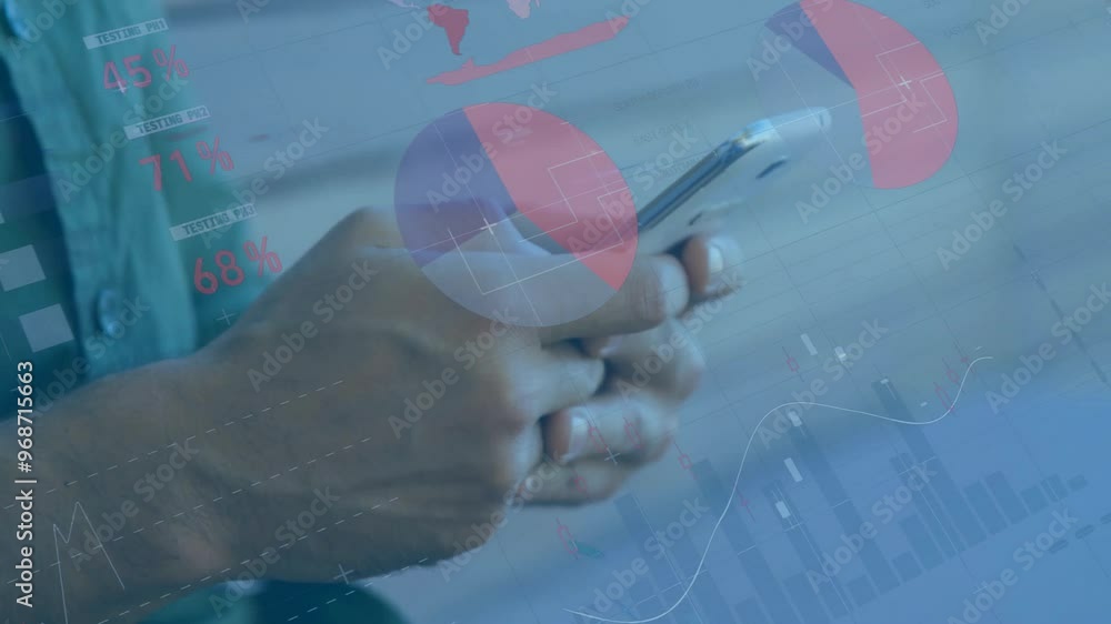 Poster animation of data processing over caucasian man using smartphone