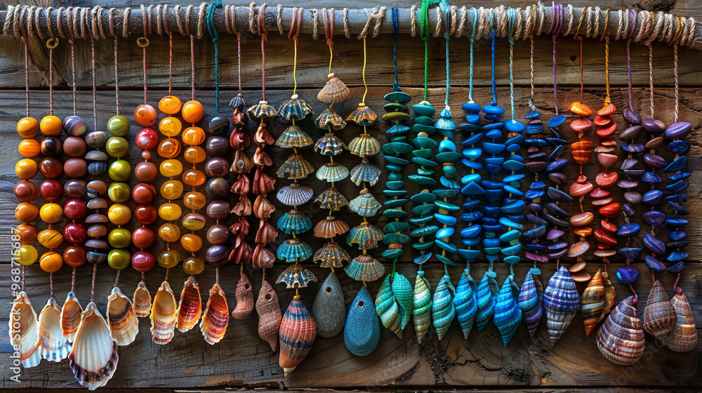 Poster a flat lay of a completed wind chime made from colorful beads and shells, with string and extra mate