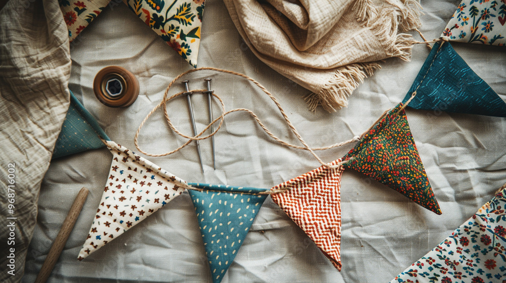 Poster a flat lay of a diy fabric bunting banner, featuring triangular flags made from patterned fabrics