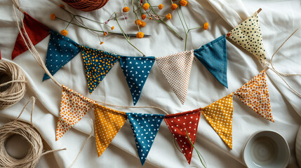 A flat lay of a DIY fabric bunting banner, featuring triangular flags made from patterned fabrics
