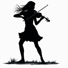 a black silhouette of a woman playing the violin. She is sitting on a stool and is holding the bow with both hands