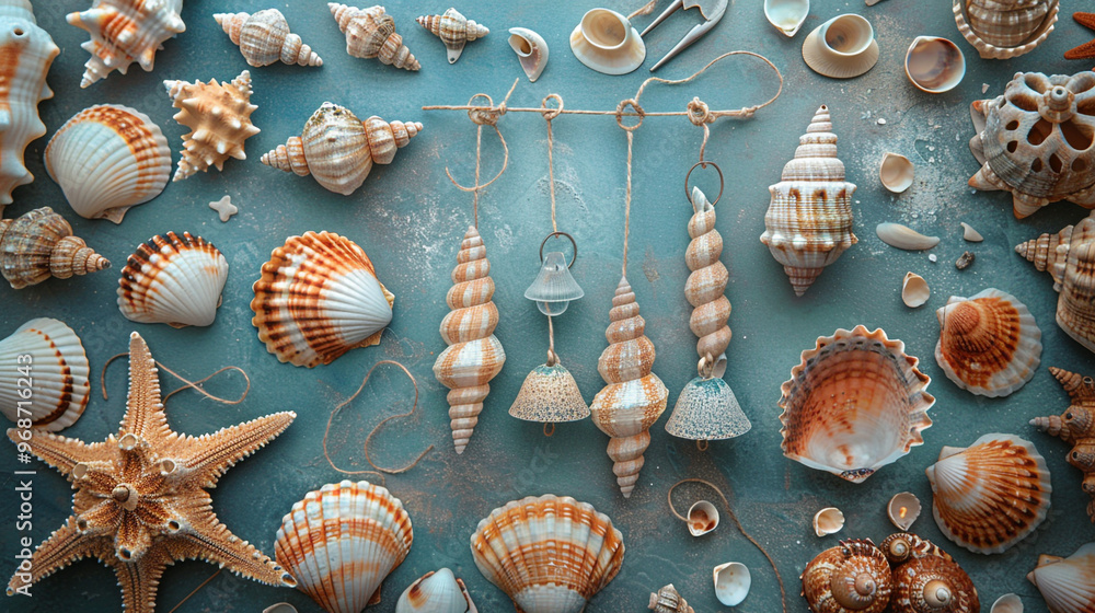 Poster a flat lay of a diy seashell wind chime, with shells and small bells strung together on twine, surro