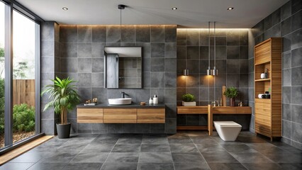 Modern minimalist bathroom with dark stone tiles, and wooden furniture