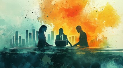 watercolor illustration of a business strategy session with a laptop, focus on data-driven decision making, open and clean copyspace