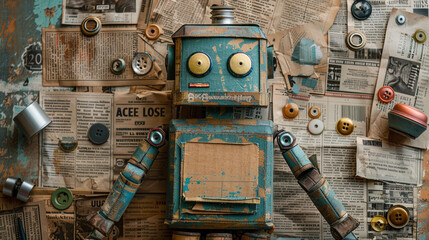 A flat lay of a recycled materials robot craft, made from cardboard boxes, bottle caps, and buttons, displayed with additional upcycled materials like old newspapers and fabric scraps.