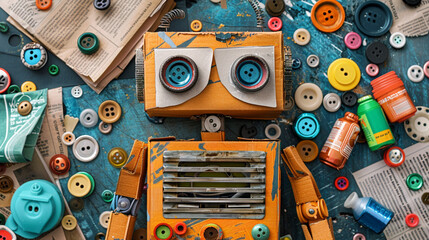 A flat lay of a recycled materials robot craft, made from cardboard boxes, bottle caps, and buttons, displayed with additional upcycled materials like old newspapers and fabric scraps.