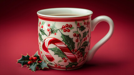 A mug with hand-painted candy canes and holly leaves, isolated on a bright red background.
