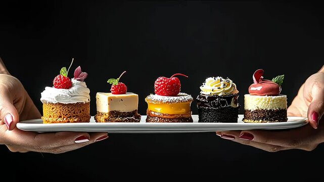 Plate with five diverse sweet pastries hand taking one Degustation choosing dessert for party or wedding gastronomy occasion organization concept