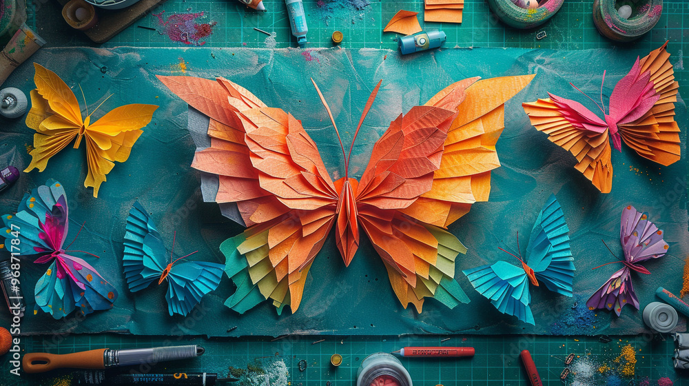Poster a top-down view of a crafting table filled with supplies and several colorful tissue paper butterfli