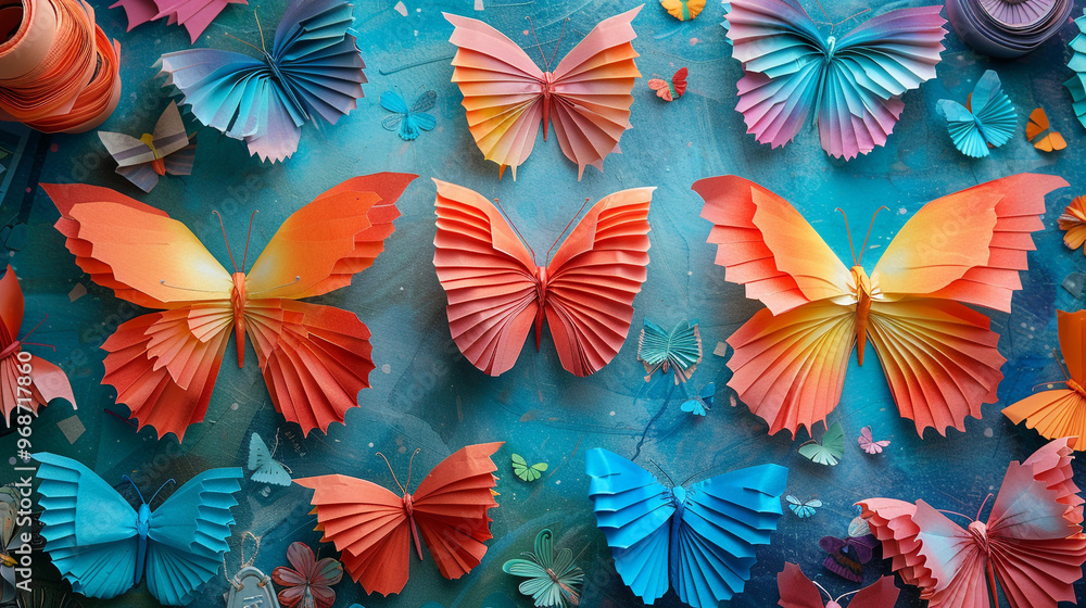 Poster a top-down view of a crafting table filled with supplies and several colorful tissue paper butterfli