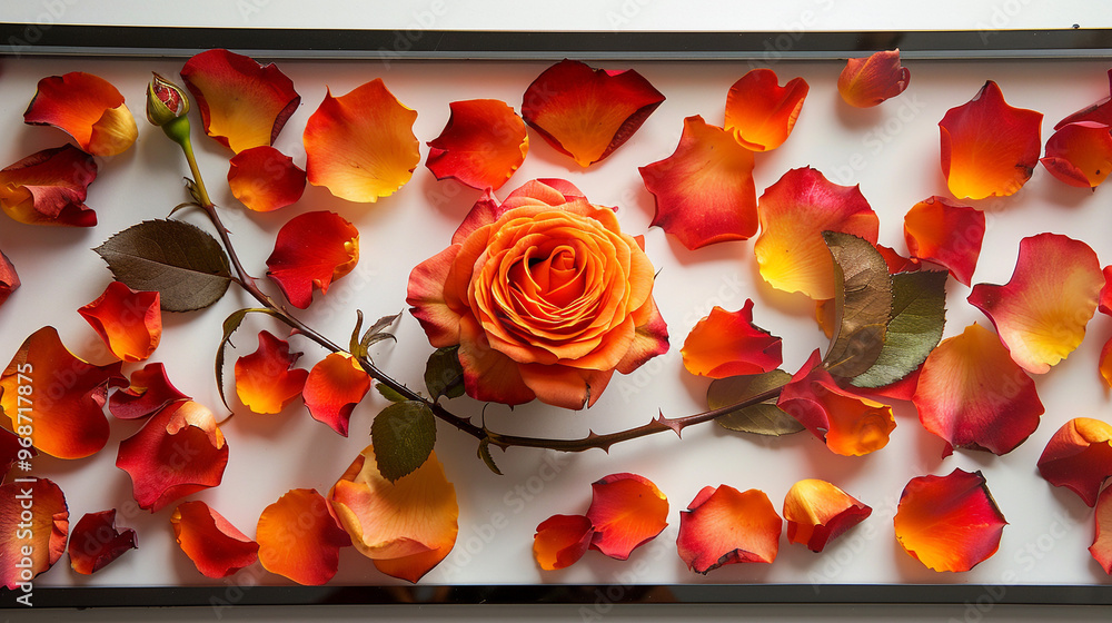 Poster a top-down view of a diy pressed flower art piece, featuring a single, perfectly preserved rose and 