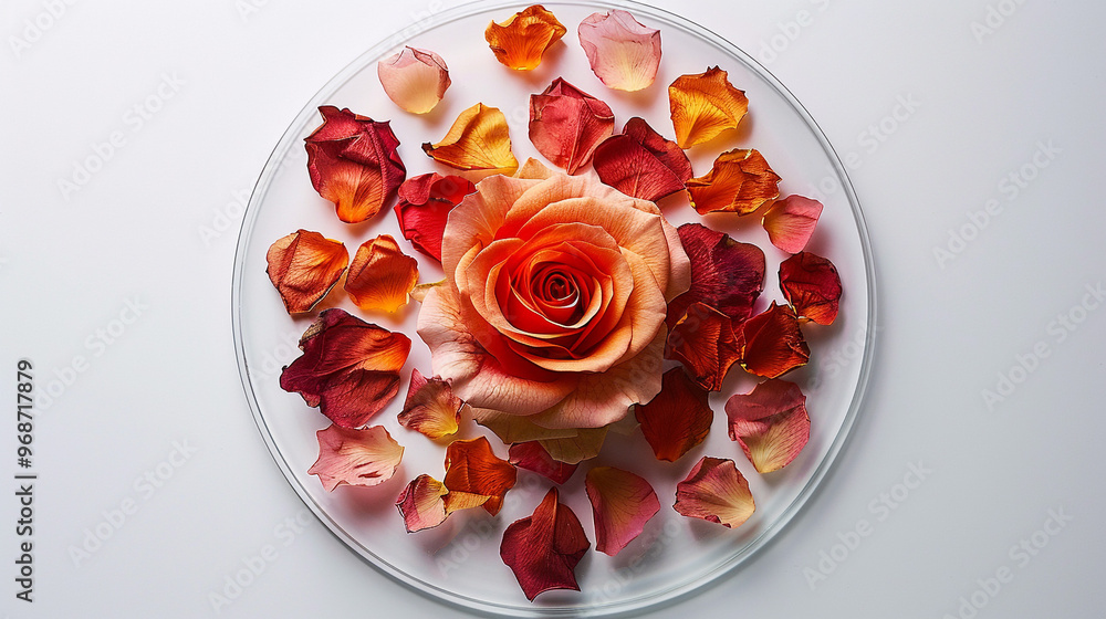 Poster a top-down view of a diy pressed flower art piece, featuring a single, perfectly preserved rose and 