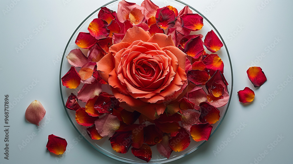 Poster a top-down view of a diy pressed flower art piece, featuring a single, perfectly preserved rose and 