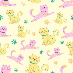 Vector pattern with yellow and pink fairy cats on a yellow background