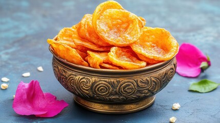 A beautifully crafted bowl filled with crispy orange snacks, surrounded by rose petals, perfect for festive occasions.