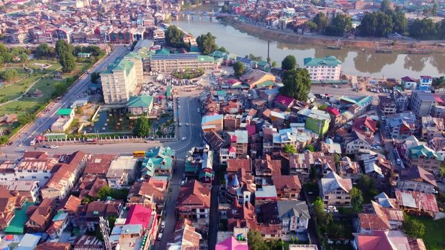 Drone shot of Srinagar city along the banks of the Jhelum River, Government Lalla Ded Hospital, Union Territory of Jammu and Kashmir
