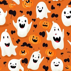 Seamless pattern for Halloween. Cute cartoon ghosts hand-drawn on an orange background. Postcard, banner cover, packaging design.