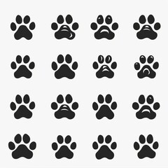 Fototapeta premium Paw footprint icon, animal foot print, dog step, wolf trail, bear trace silhouette, paw footprint on white