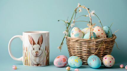 A white coffee mug with a hand-painted bunny and a basket full of beautifully decorated Easter eggs, isolated on a light blue background.