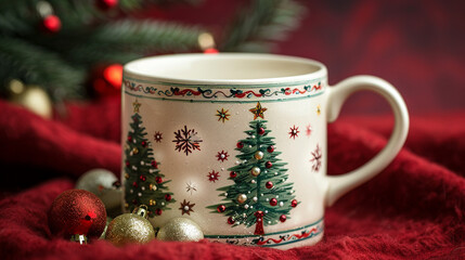 A white coffee mug with hand-painted Christmas trees decorated with ornaments and stars, isolated on a festive red background.