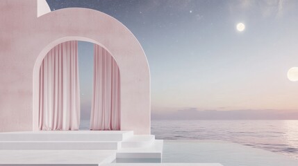3D white cylindrical podium with Surreal architecture with arched window,curtain,pool,interior design of empty space,exhibition gallerydisplayProduct presentation realistic podium or platform.