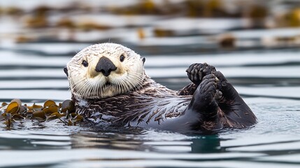 A curious sea otter floats on its back in the water with its paws raised, looking directly at the camera.