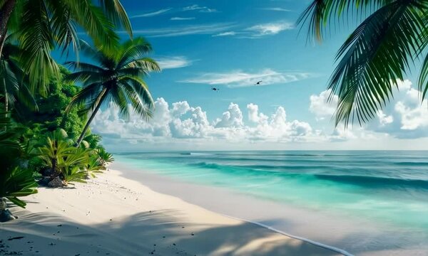 Secluded beach with pristine white sand and swaying palm trees, hyperrealistic Video