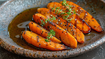 A creative vegetarian plate with roasted heirloom carrots, artfully arranged in a fan shape, drizzled with honey and garnished with fresh thyme, on a rustic ceramic plate.