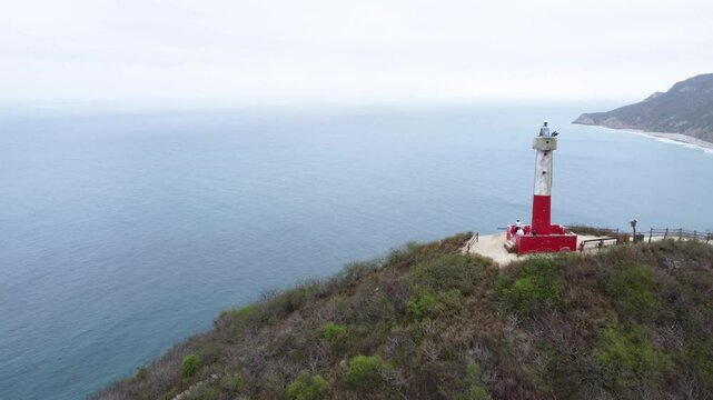 Lighthouse beacon watchtower Manabi, Ecuador coastline Pacific Ocean aerial