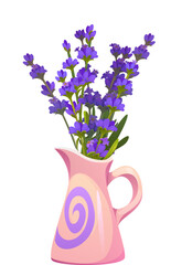 Lavender flowers in a pink decorative vase. Isolated cartoon vector pitcher, adorned with a purple swirl, filled with a vibrant wildflowers bouquet. Home decor, aromatherapy or floral design item