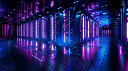 Fototapeta premium Ultramodern server room radiates with neon purple lights power of contemporary data storage technology. High tech environments concept