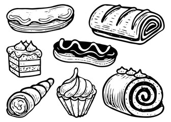 Set of sweet desserts hand drawn doodle. Eclair, roll, cupcake, cake, cream tube. Baked biscuit snack. Confectionery food. Sugar pastry. Bakery product. Vector outline line art illustration.