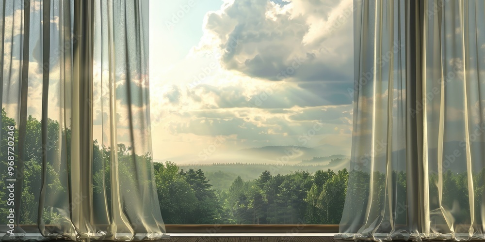 Poster view from window with curtains overlooking forest and cloudy sky