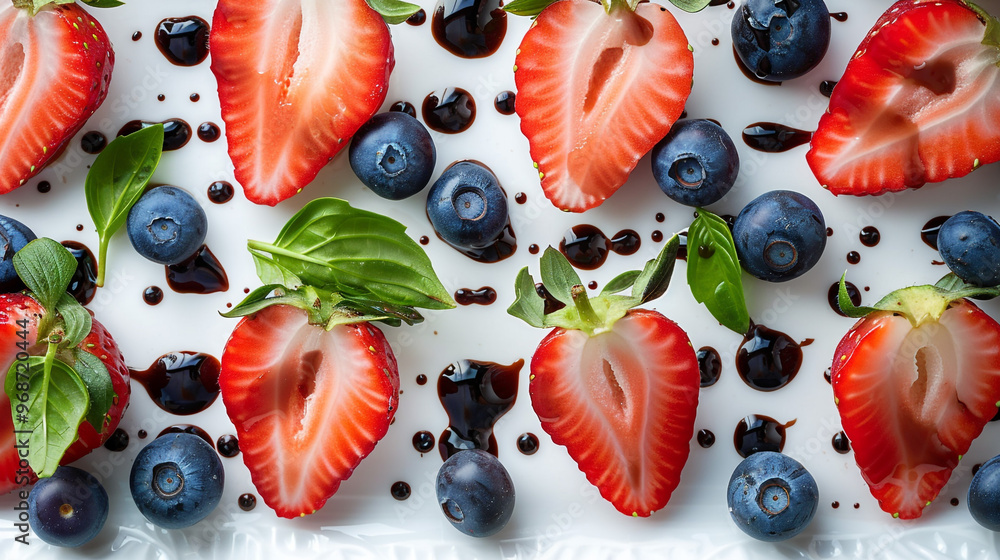 Poster a flat lay of sliced strawberries and blueberries, arranged in a grid pattern with a light drizzle o