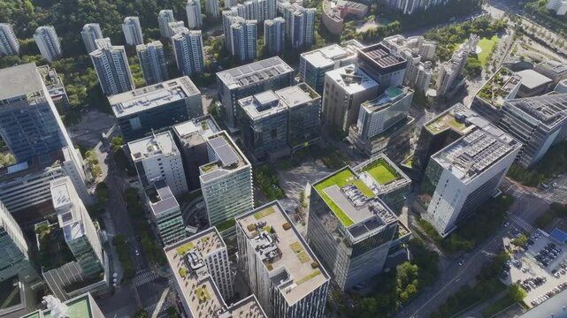 Drone View of Seoul city in South Korea, Sangam, broadcasting station, summer, 60fps